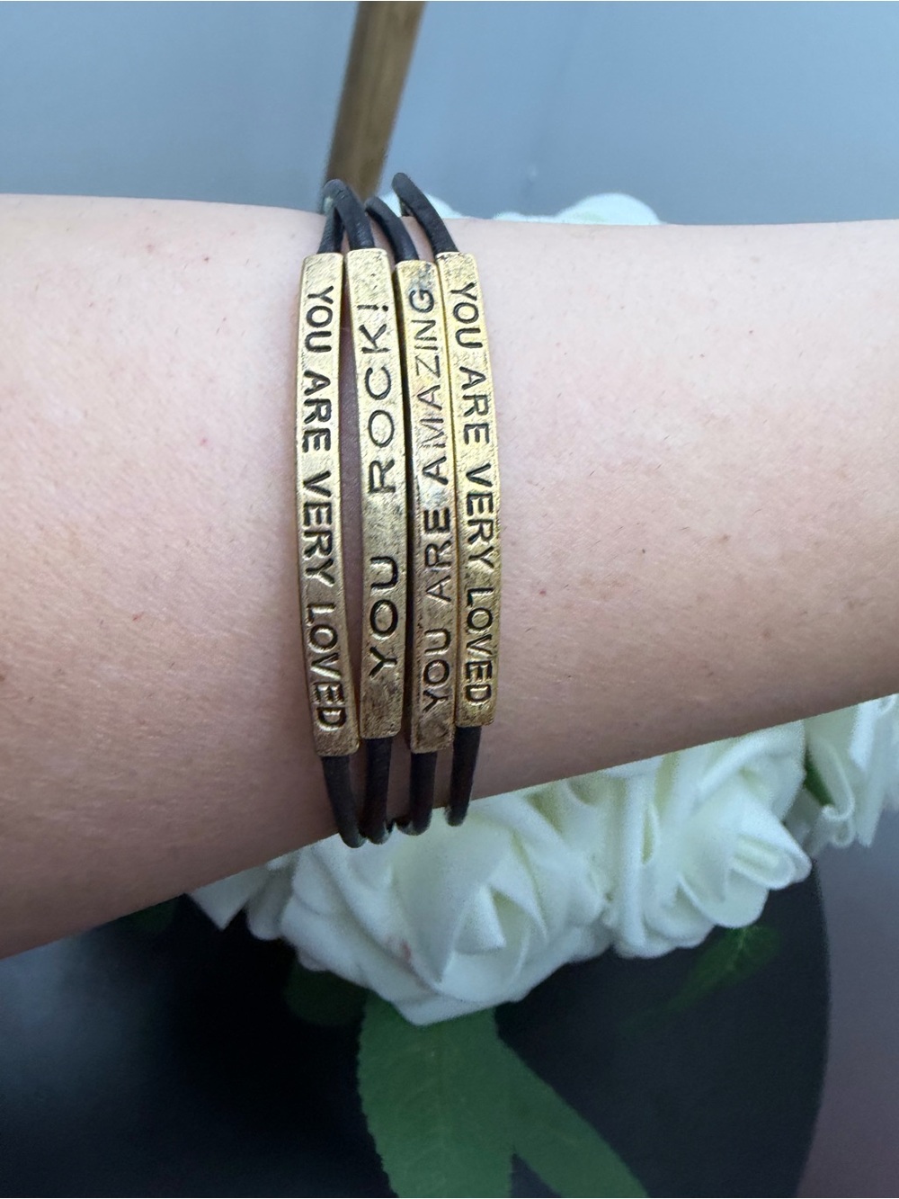 Inspirational Leather Wrap Bracelet Set in Antique Gold and Brown